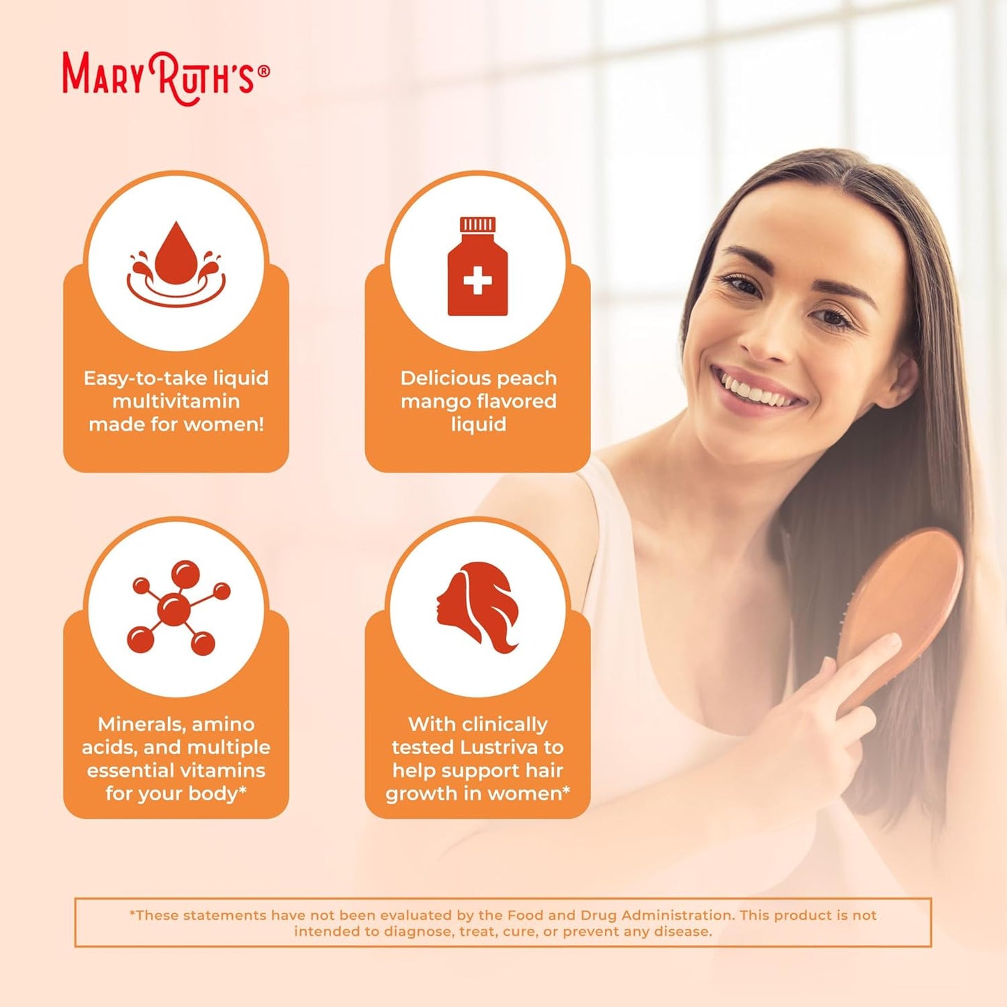 Liquid Multivitamin+Hair Growth | Clinically Tested for Thicker Hair & Facial Wrinkles in Women | Lustriva Hair Growth Supplement | Peach Mango 30 Fl Oz