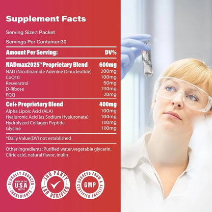 ZOOONE NR1000 - NAD+ Berry Flavor Drink Mix for Skin Aging Support, Energy, and Focus - 30 Pack