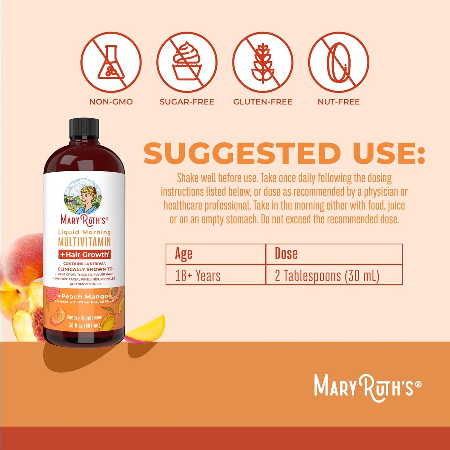 Liquid Multivitamin+Hair Growth | Clinically Tested for Thicker Hair & Facial Wrinkles in Women |  Lustriva Hair Growth Supplement | Peach Mango 30 Fl Oz