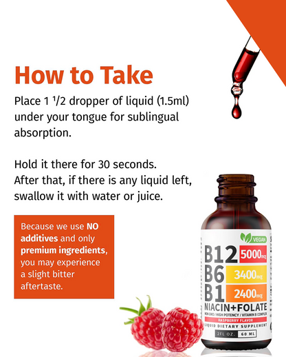 Vitamin B12, B6 & B1 Drops – Raspberry Flavor Liquid Supplement