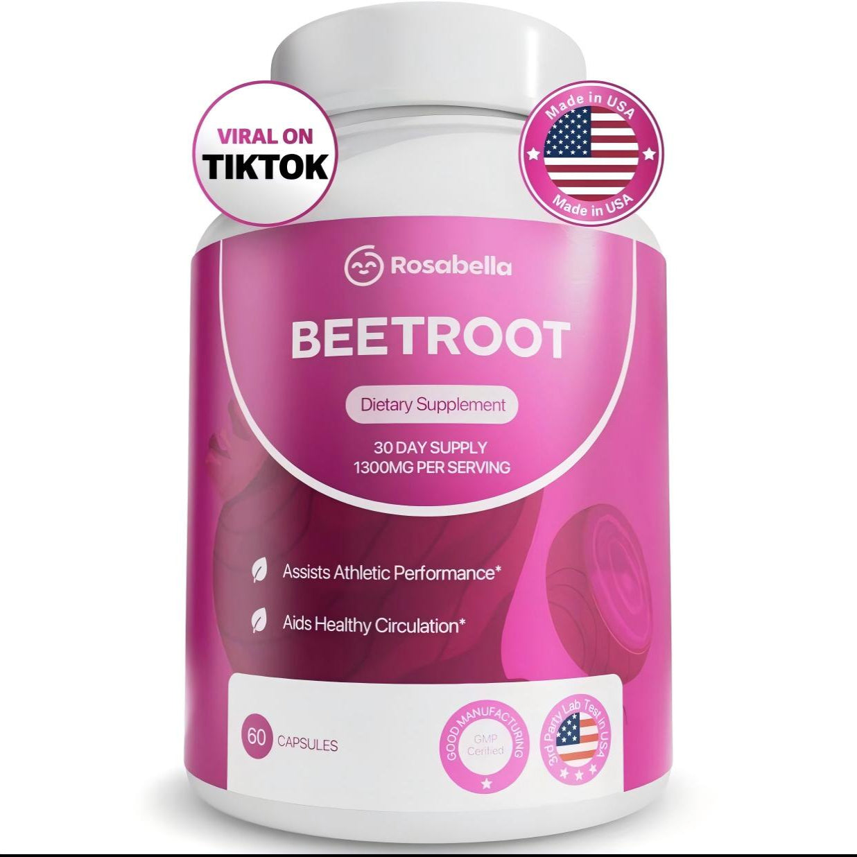 Organic Beet Root Capsules 1300mg Powder for Healthy Circulation Vitality Non-GMO Supplement 60 Capsules 30-Day Supply
