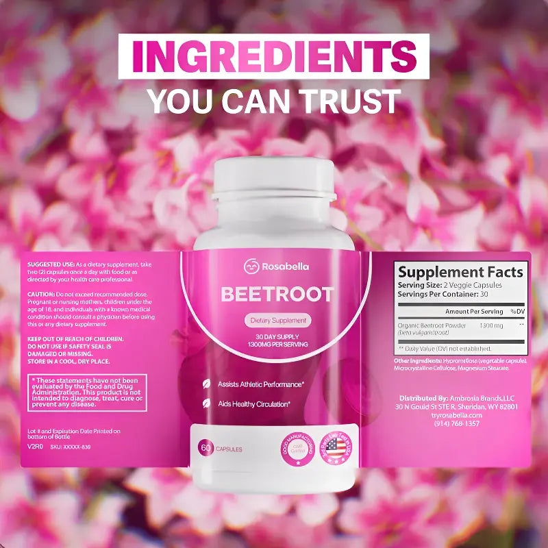 Organic Beet Root Capsules 1300mg Powder for Healthy Circulation Vitality Non-GMO Supplement 60 Capsules 30-Day Supply
