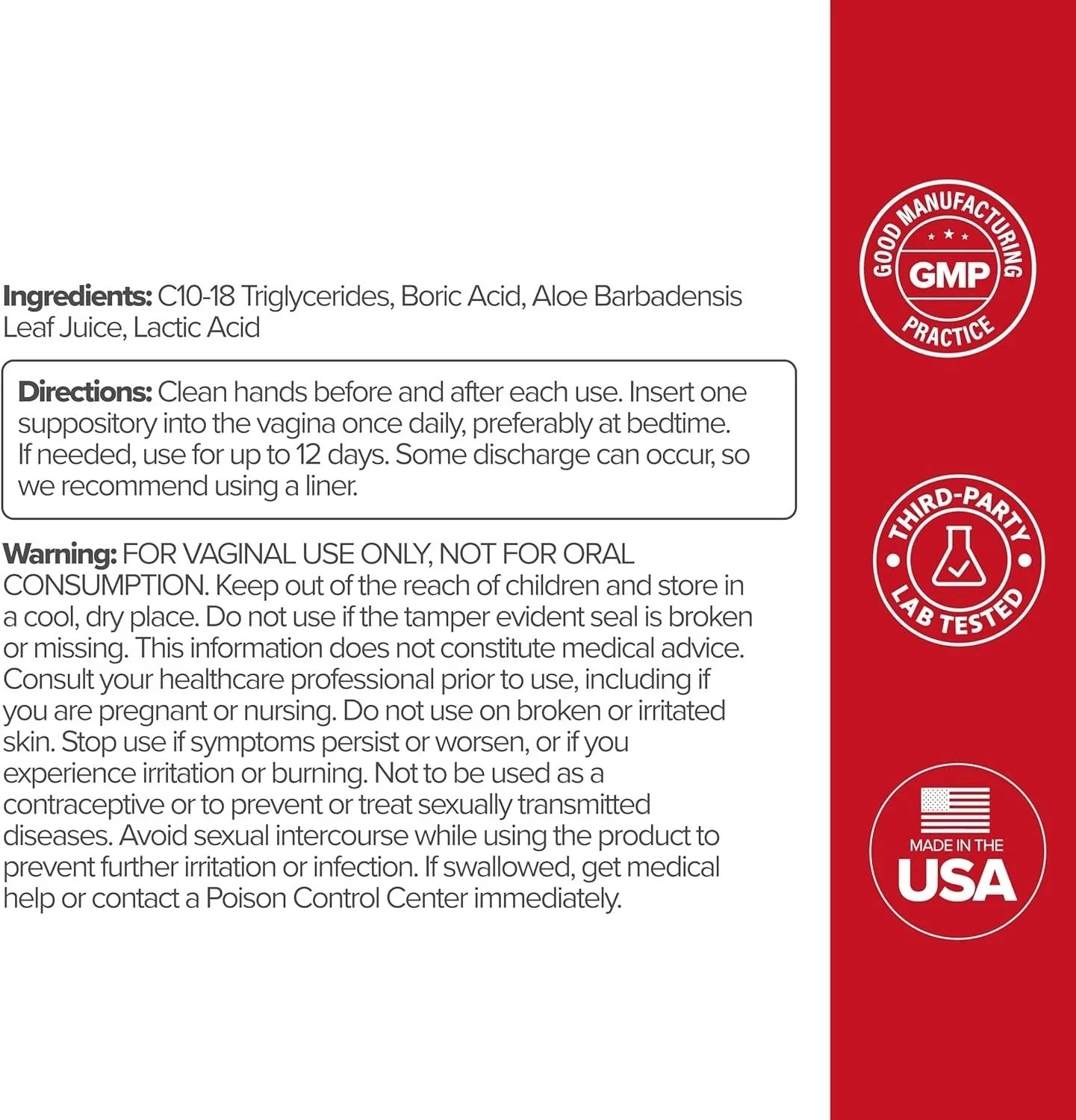 Boric Acid Vaginal Suppository – with Lactic Acid, and Aloe for Fast Relief