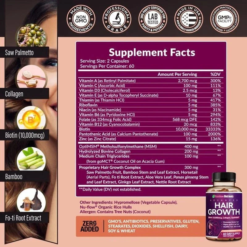 24-in-1 Advanced Hair Growth Vitamins | Biotin 10,000mcg, Collagen