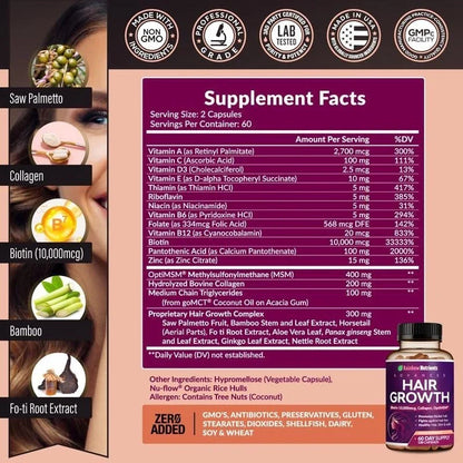 24-in-1 Advanced Hair Growth Vitamins | Biotin 10,000mcg, Collagen