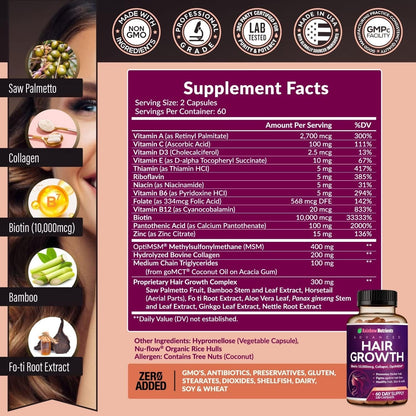 Rainbow Nutrients Hair Growth Formula Collagen & Biotin Complex for Healthy Hair, Skin & Nails from Within