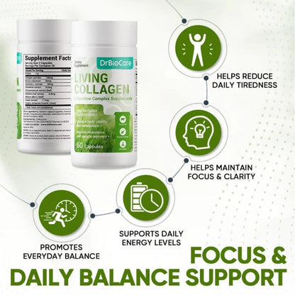 DrBioCare Living Collagen L-Carnitine Complex Supplement, Grass Fed Bovine Collagen Peptides,Bovine Colostrum,Cinnamon Extract,Mulberry Leaf Extract, Non-GMO, 60 Capsules
